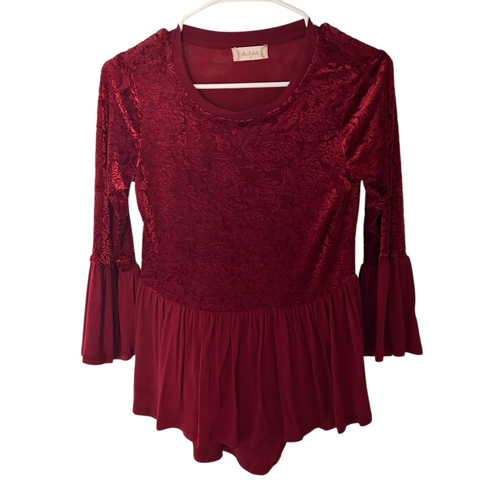 Altar'd State Burgundy Peplum Swing Top Bell Sleeve Babydoll Holiday E14